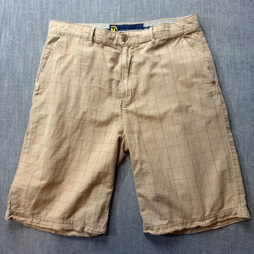 Nautica Jeans Company Mens‎ Tan Plaid Flat Front Shorts Size 32